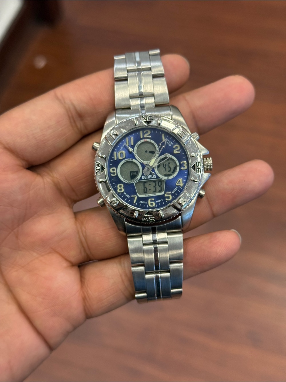 Benrus Men Quartz Duel Time Analog  Digital Watch Alarm Timer Date day